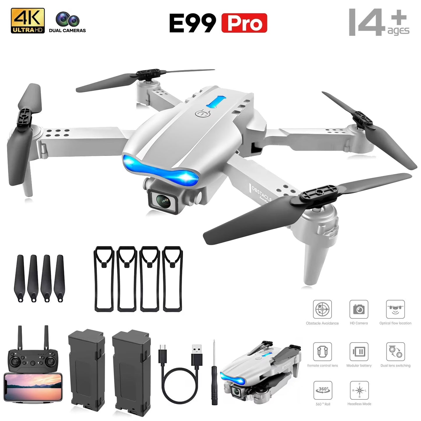 Drone with 4K HD Dual Camera for Adults Kids, RC Quadcopter with 2 Modular 1800Mah Batteries for 30 Mins Long Flight (Gray)