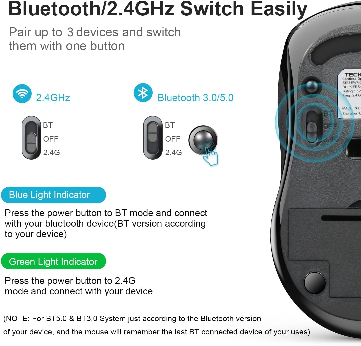 Bluetooth Mouse, 2-In-1(Bt 5.0/3.0+2.4Ghz) 4000DPI Wireless Mice with USB Connect Available for Laptop Computer, Portable PC Mouse Bluetooth for Mac (USB-A+BT Wireless Connect, Black)