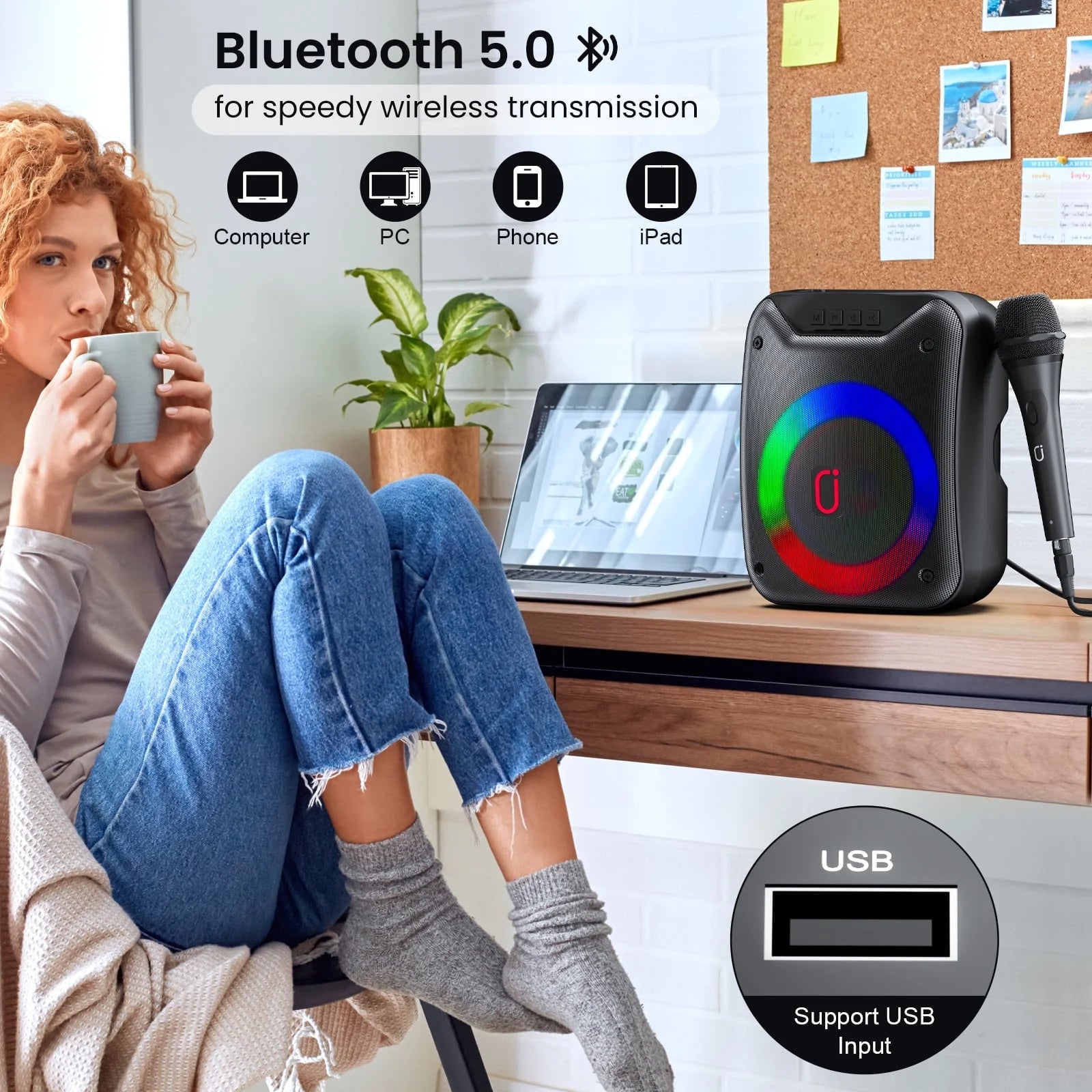 Bluetooth Speaker, Portable Wireless Speaker with Microphone & LED Light, Outdoor Party Speaker, D18